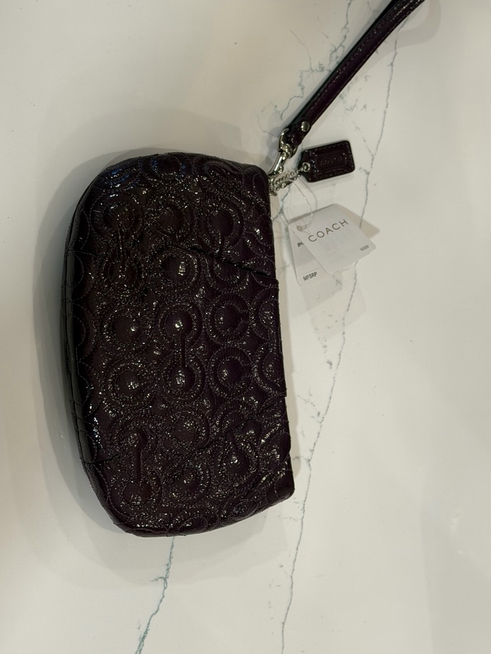 NWT Coach Embossed Signature Patent Leather Wristlet - Plum with Silver Hardware